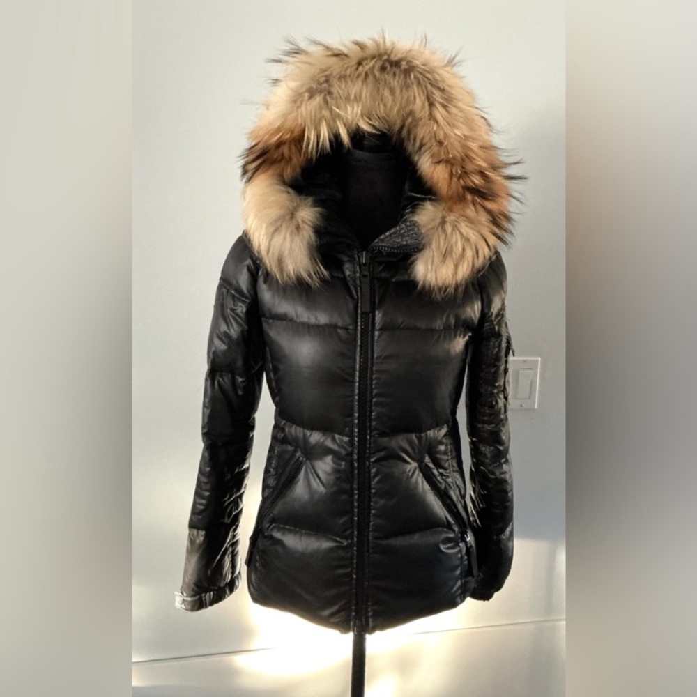 SAM. Black Down Coat with Real Fur Trim